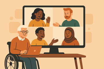 Fototapeta premium Flat vector illustration of a diverse remote team collaborating in a virtual meeting
