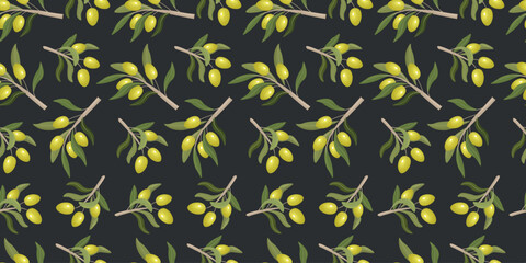 Seamless Olive Branch Pattern on Dark Background
