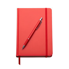 A vibrant red notebook with a pen resting on top against a white background isolated on transparent background
