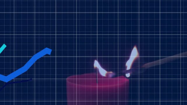 Lighting candle with match, financial growth animation over grid background