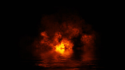 Blaze fire flame texture overlays on isolated background with water reflection. © Victor