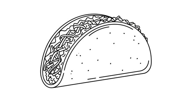 Hand drawn taco illustration, simple line art, Mexican food icon, isolated on white background