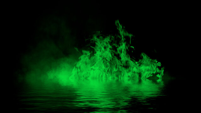 Blaze green fire flame texture overlays on isolated background with water reflection.