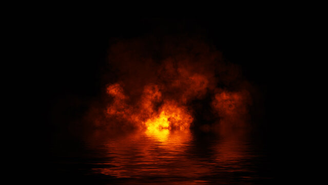 Blaze fire flame texture overlays on isolated background with water reflection.