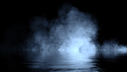 Fototapeta premium Blaze blue fire flame texture overlays on isolated background with water reflection.