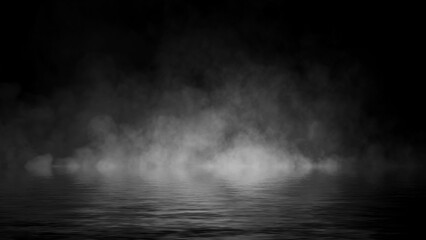 Blaze fire flame texture overlays on isolated background with water reflection.