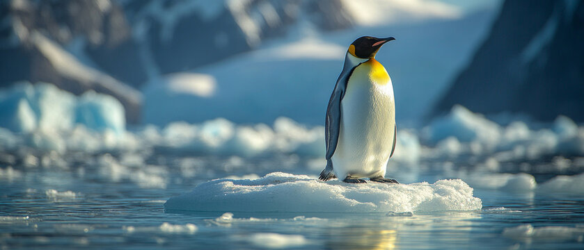 A penguin on an ice floe amid melting icebergs symbolises the threat of global warming, providing a striking backdrop for publications on nature conservation.