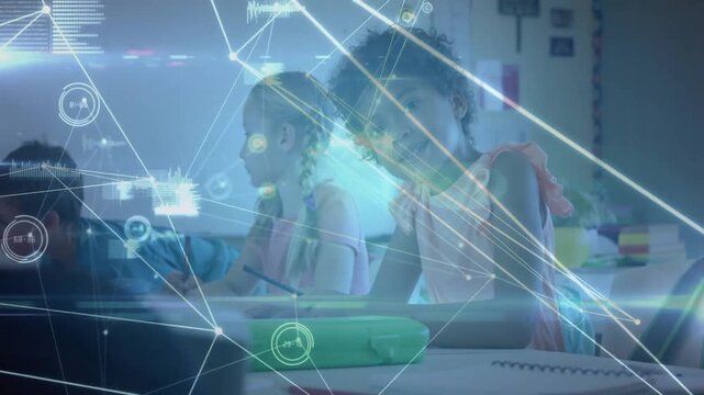 Students writing notebooks in class, animated network initiating then converging around right child