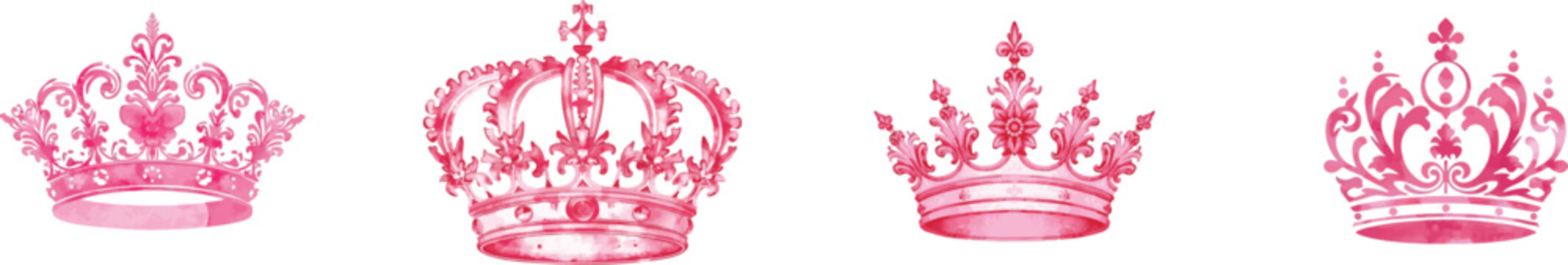 Watercolor pink ornamental crown with elegant swirling flourishes and a central floral motif is displayed against , creating a decorative royal set isolated on white background