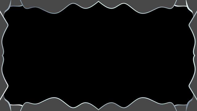Abstract dark framed background with shimmering silver-grey undulating borders, ideal for text, images, or creative overlays, providing a mysterious and organic visual element