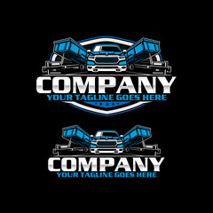 American Pickup Truck with Dump Trailer Logo Design, Heavy Duty Hauling Transport Vector Illustration
