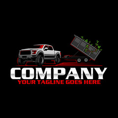 American Pickup Truck with Dump Trailer Logo Design, Heavy Duty Hauling Transport Vector Illustration