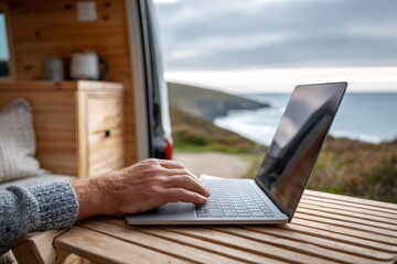 Person typing on laptop working remotely from camper van