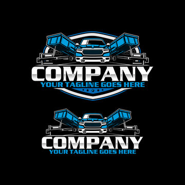 American Pickup Truck with Dump Trailer Logo Design, Heavy Duty Hauling Transport Vector Illustration