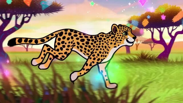 A cartoon cheetah runs through a grassy savannah with a sparkling background