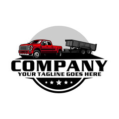 American Pickup Truck with Dump Trailer Logo Design, Heavy Duty Hauling Transport Vector Illustration