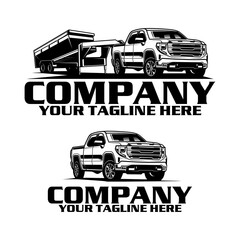 American Pickup Truck with Dump Trailer Logo Design, Heavy Duty Hauling Transport Vector Illustration
