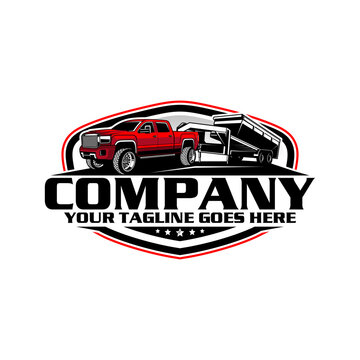 American Pickup Truck with Dump Trailer Logo Design, Heavy Duty Hauling Transport Vector Illustration