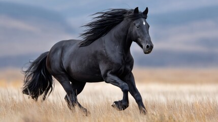 Fototapeta premium Black horse running galloping wild in dry field