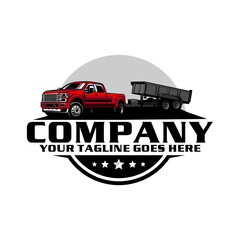 American Pickup Truck with Dump Trailer Logo Design, Heavy Duty Hauling Transport Vector Illustration