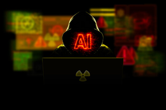 AI-powered cyberattack on nuclear facility concept &mdash; hooded hacker, radiation warning alerts, breach, critical energy infrastructure threat
