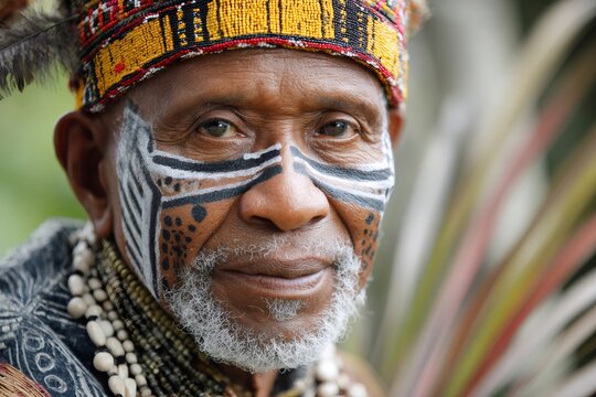 Huli wigman elder showcasing tribal face painting culture