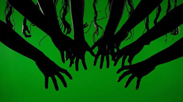 Silhouette of zombie hands reaching up.