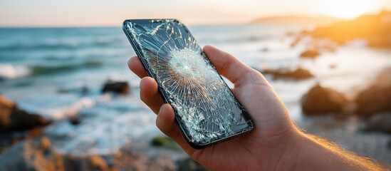 mobile phone with smashed screen in outdoor