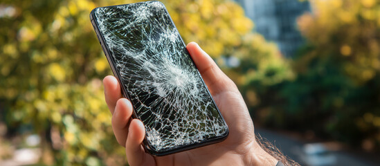 mobile phone with smashed screen in outdoor