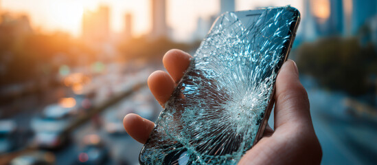 mobile phone with smashed screen in outdoor