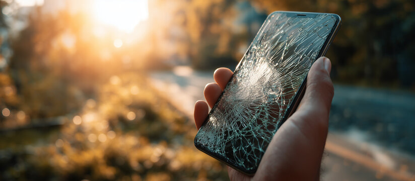 mobile phone with smashed screen in outdoor
