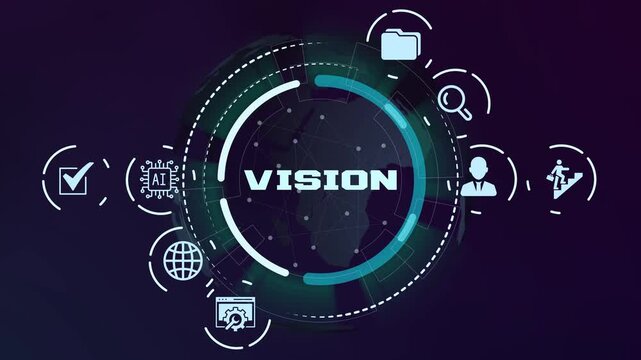  Future business vision and strategic foresight concept with telescope icon and digital horizon perspective.