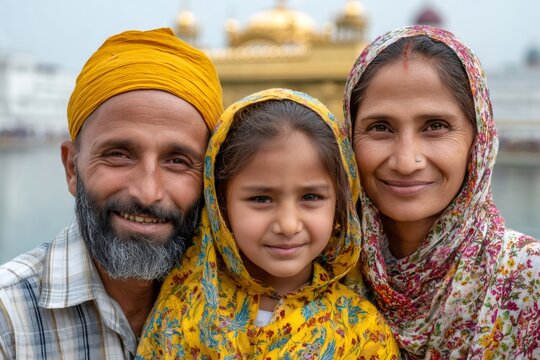 Indian sikh family smiling at golden temple