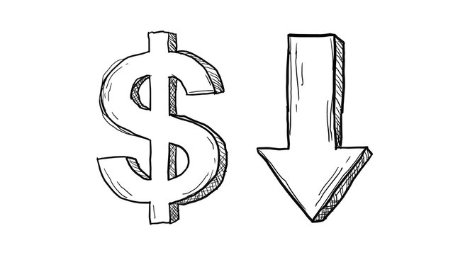 Hand Drawn Dollar Symbol And Down Arrow Black And White Line Art Alpha Transparent