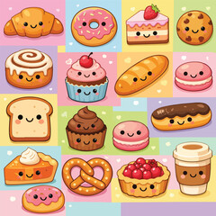 A delightful and colorful collage of kawaii-style baked goods and pastries, each with a cute smiling face, arranged in a grid pattern on a pastel background.
