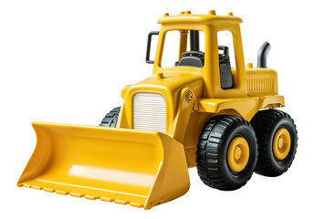 Fototapeta premium A yellow toy bulldozer on a white background. An isolated toy bulldozer with a bucket.