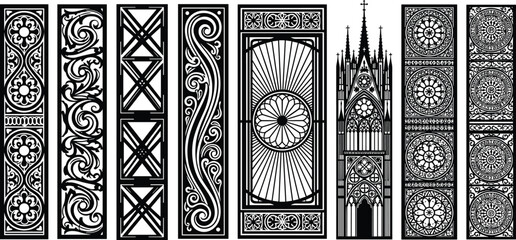 Gothic architectural borders and ornamental bookmarks collection with cathedral spires intricate floral patterns and geometric designs isolated on white background