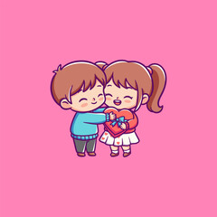Couple Hugging with Heart-Shaped Gift