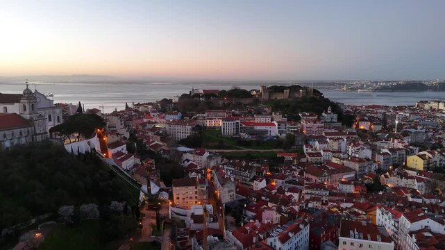 Lisbon Blue Hour Aerial Alfama, Sao Jorge Castle and Tagus River at Dawn