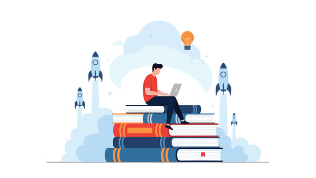 Creative learning illustration depicts a student sitting on a stack of books with a laptop while rockets launch into the sky.