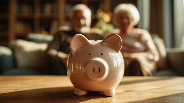 A picture of a piggy bank on a table, retirement planning.A blurry image of an elderly person sitting on a sofa.