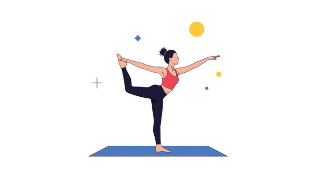 Graceful woman in athletic wear practices a one-legged yoga balance pose on a blue mat against a clean white background with sun icons.