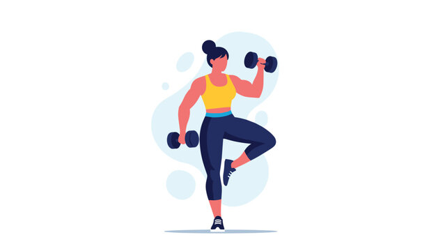 Active woman in fitness clothing performs a dynamic bicep curl with dumbbells while maintaining a balance pose in a stylized illustration.