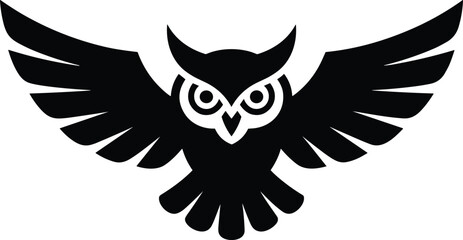Obraz premium Black and white owl silhouette with spread wings featuring bold tribal style bird emblem isolated vector illustration in minimal flat design