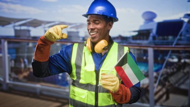 Man in blue hardhat and high visibility vest holding kuwait flag and wearing gloves and ear protectors points finger to flag on a ship deck building; pride duty.