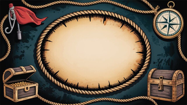 A pirate treasure theme with a blank oval space, aged parchment, compass, chest, and rope border for your designs.