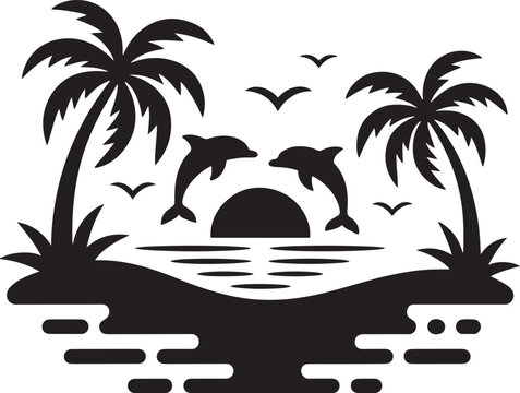  Silhouette Vector Illustration of a Tropical Beach Sunset with Dolphins