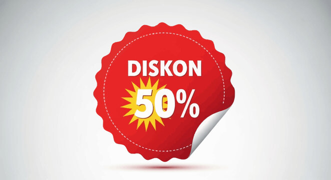 Red sale badge with 50 percent discount sticker on white background viewed from front with curled corner Whisk_6a7c6e6f279072cade64c7f12d34b7a6dr.eps