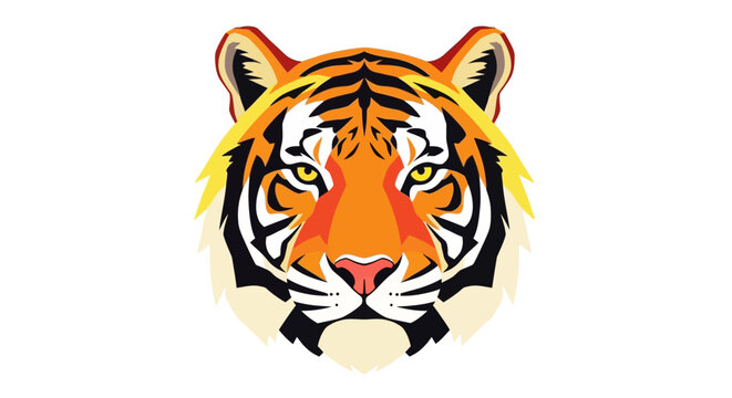 Vibrant tiger head illustration with bold stripes and bright colors.