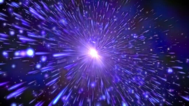 Hyperspace warp speed effect with glowing purple radial light streaks and particles on dark background